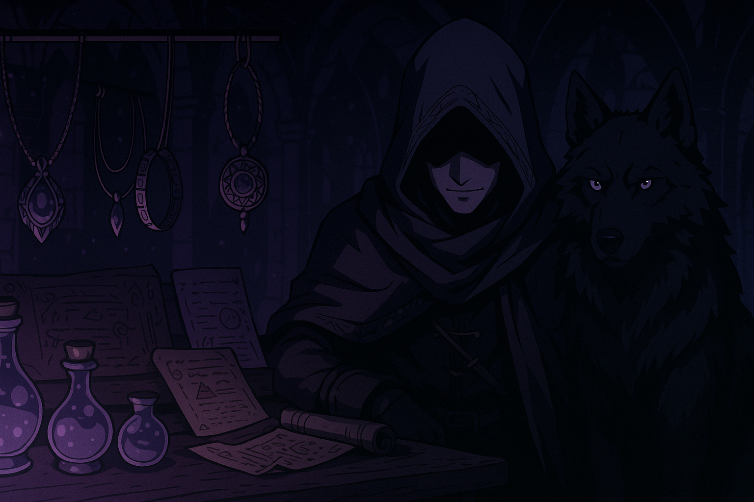 formato per un banner social(1600x900). in stile anime theme dark un mercante misterioso seduto vicino al suo lupo che vendono oggetti di ogni tipo. collane braccialetti pergamene pozioni magiche